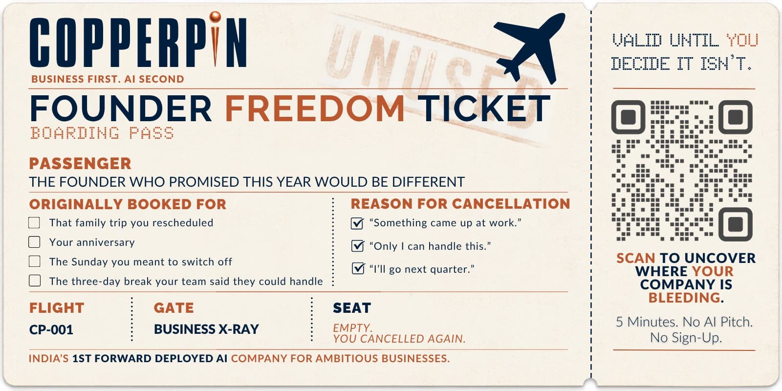 CopperPin founder freedom ticket — scan to uncover where your company is bleeding