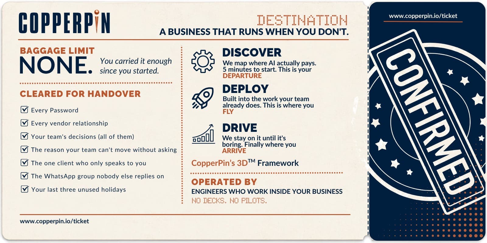CopperPin boarding pass — a business that runs when you don't